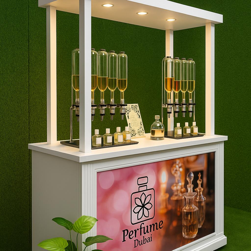 Perfume Booth setup in Dubai featuring a branded fragrance bar with colorful dispensers, interactive screen, and artificial grass backdrop for events and exhibitions